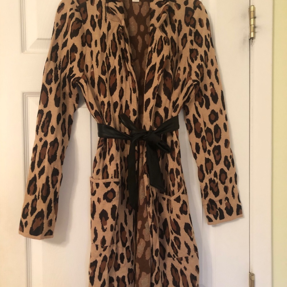 New Chico’s Leopard Print Sweater Coat w/  Faux Leather Belt